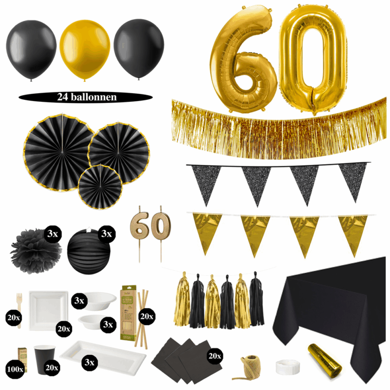 60 jaar versiering zwart goud met tafeldecoratie