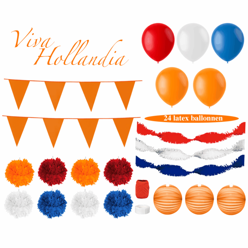 Holland Versiering Pakket – Rood Wit Blauw & Oranje Decoratie – Koningsdag, EK, WK en Holland Feestjes