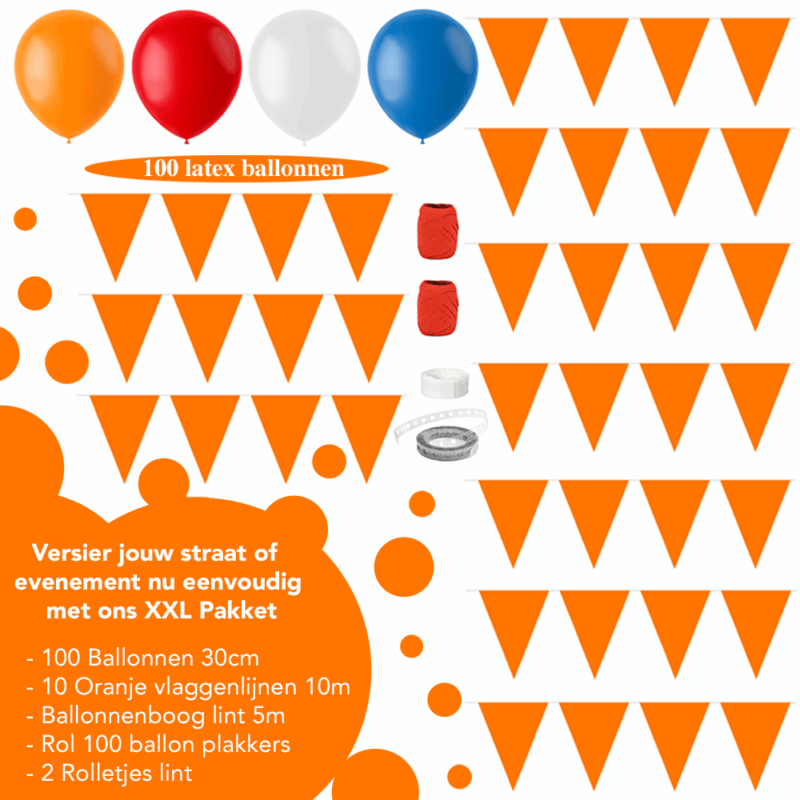 XXL Oranje Versiering Pakket – Straatversiering & Feestdecoratie – 100 Ballonnen, 10 Vlaggenlijnen & Ballonnenboog Lint