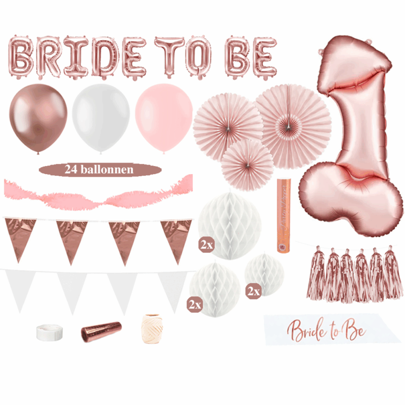 16ad Whole Lotta Rosy - Bride to Be Versiering Pakket - Roségoud en Wit