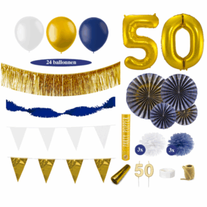 Luxe 50 Jaar Versiering Pakket - Donkerblauw, Goud & Wit