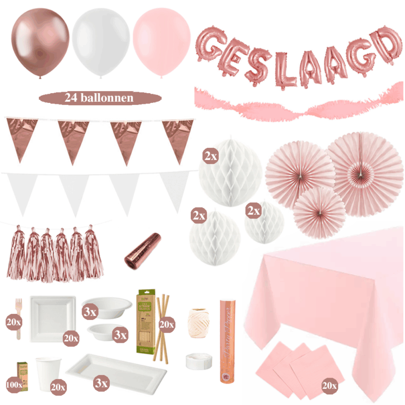 Whole Lotta Rosy - Geslaagd Feest Versiering Pakket - Rose Goud en Wit