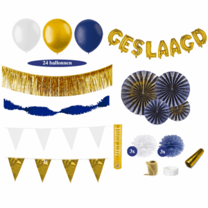 Geslaagd Versiering Pakket - Donkerblauw, Goud & Wit