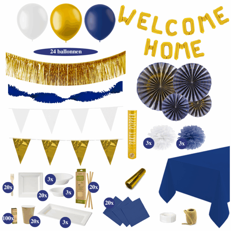 Luxe welkom thuis versiering pakket blauw goud en wit