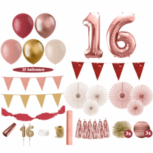 Sweet 16 Versiering Pakket - Bordeaux Rood, Oud Roze, Rosé en Goud