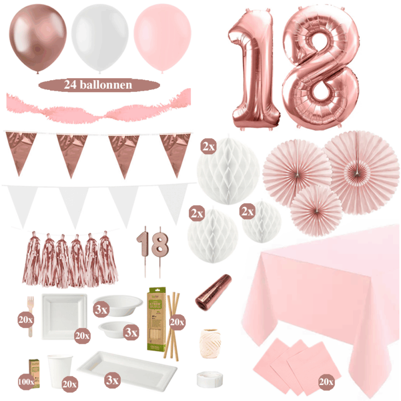 18 Jaar Versiering Pakket met Tafel Decoratie - Roségoud en Wit
