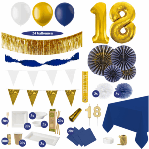 18 Jaar Versiering Pakket met Tafel Decoratie - Donkerblauw, Goud & Wit