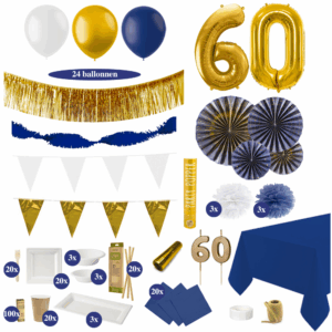60 Jaar Versiering Pakket met Tafel Decoratie - Donkerblauw, Goud & Wit