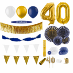 40 Jaar Versiering Pakket - Donkerblauw, Goud & Wit
