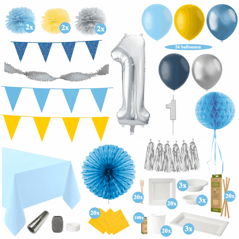 1 Jaar Versiering Pakket met Tafel Decoratie - Blauw, Geel en Zilver