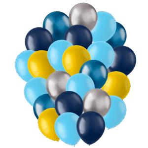 ballonnen, lichtblauw, donkerblauw, geel zilver